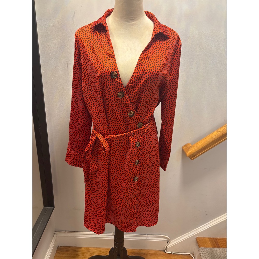 Red Black Micro Dot Wrap Front Button Shirt Dress with Belt Long Sleeve